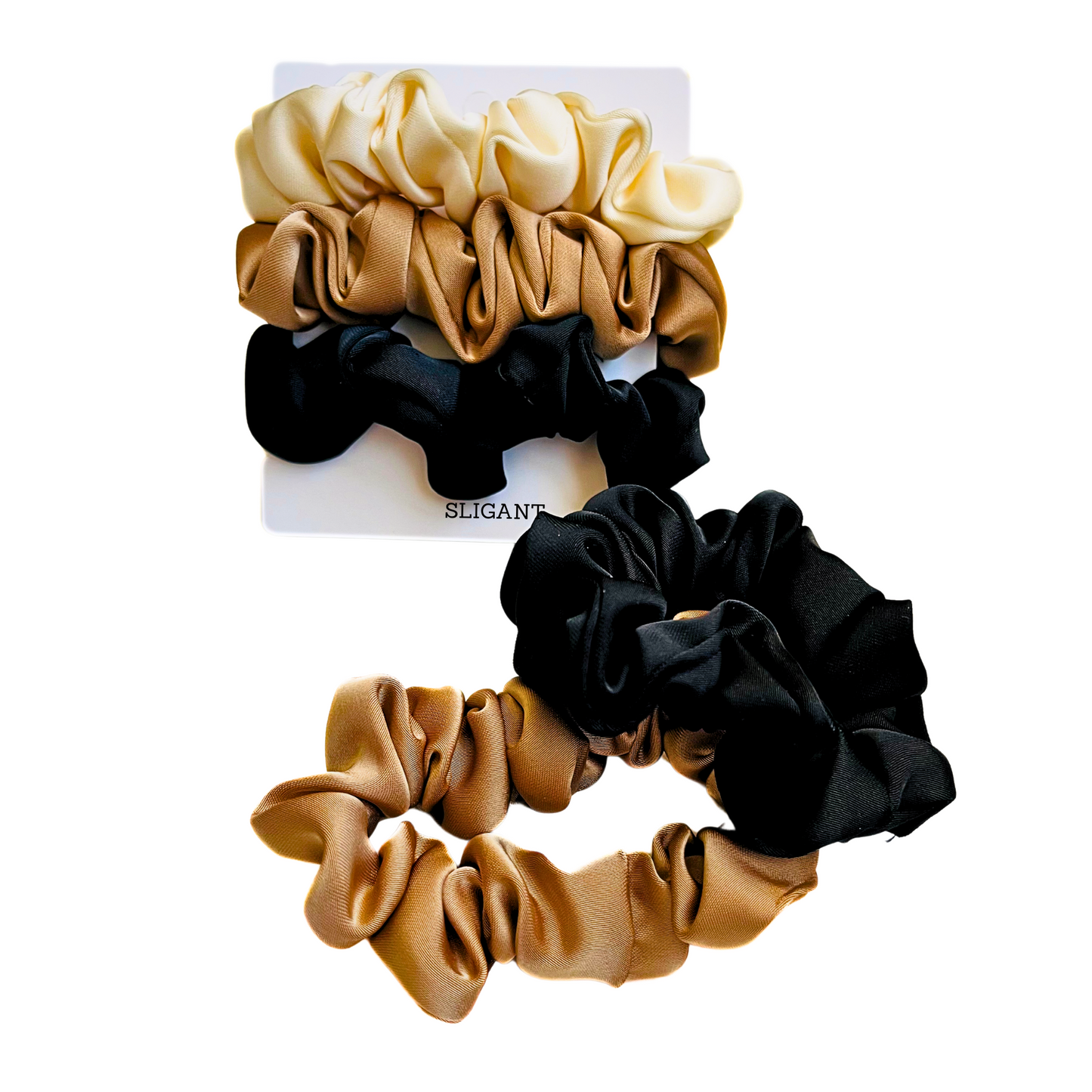 GOLDEN SILKY HAIR SCRUNCHIES-3 PACK-MIDI